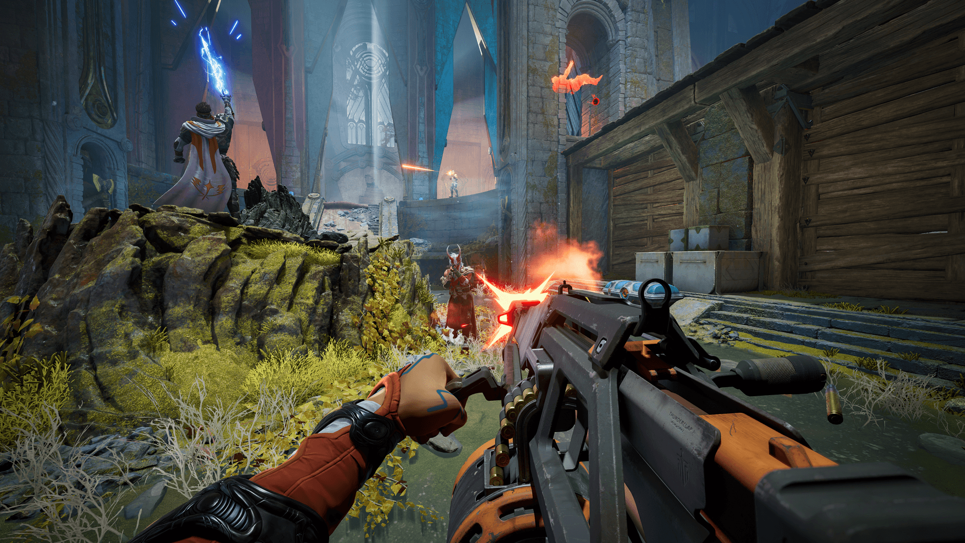 A still from Highguard, showing a character using the LMG in a firefight.