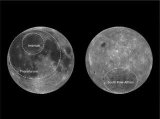 The near side (left) and far side (right) of the moon, showing the outline of the three biggest impact basins.