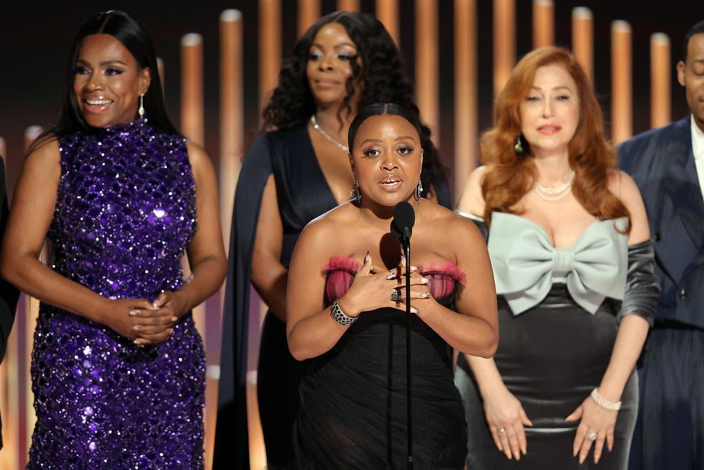 (From l.): Sheryl Lee Ralph, Janelle James, Quinta Brunson and Lisa Ann Walter accept the Golden Globe for Best Television Series, Musical or Comedy for ABC&rsquo;s Abbott Elementary.