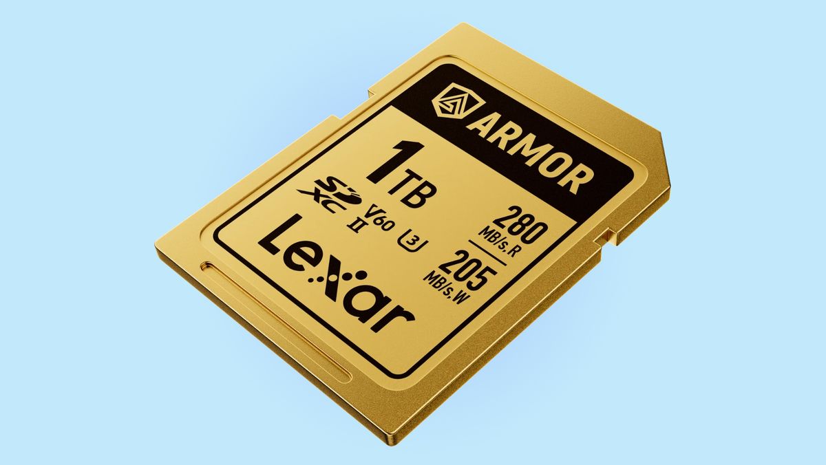 Lexar Armor Gold memory card on a blue background