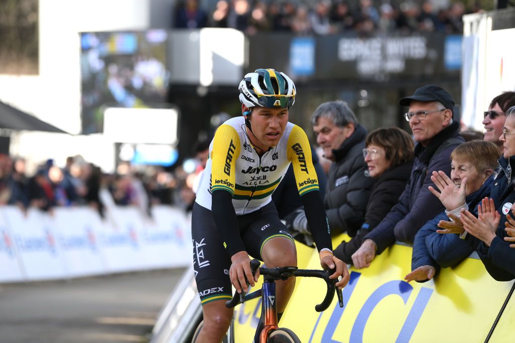 MONT BROUILLY FRANCE MARCH 06 Luke Plapp of Australia and Team Jayco AlUla crosses the finish line during the 82nd Paris Nice 2024 Stage 4 a 183km stage from ChalonsurSane to Mont Brouilly 476m UCIWT on March 06 2024 in Mont Brouilly France Photo by Alex BroadwayGetty Images