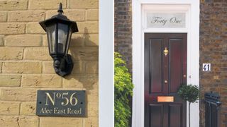 compilation of two images showing house signs, no on a black plaque with a number and the other on window film on the glass above a front door to show how to make a home look expensive on a budget