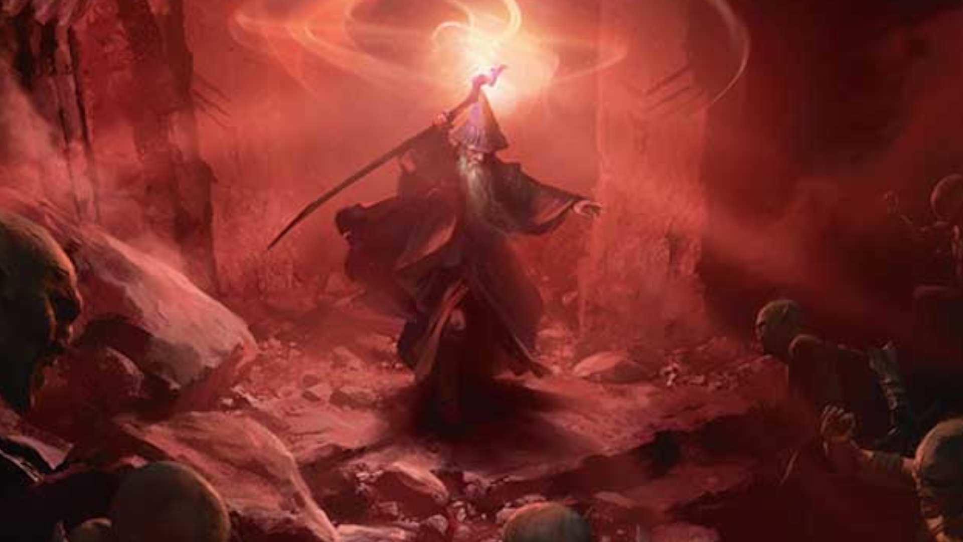 Gandalf, bathed in red light, holds his staff high above his head as he walks through a cave environment