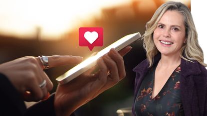 A comp image of someone using a dating app with an insert of Liz Earle (R)