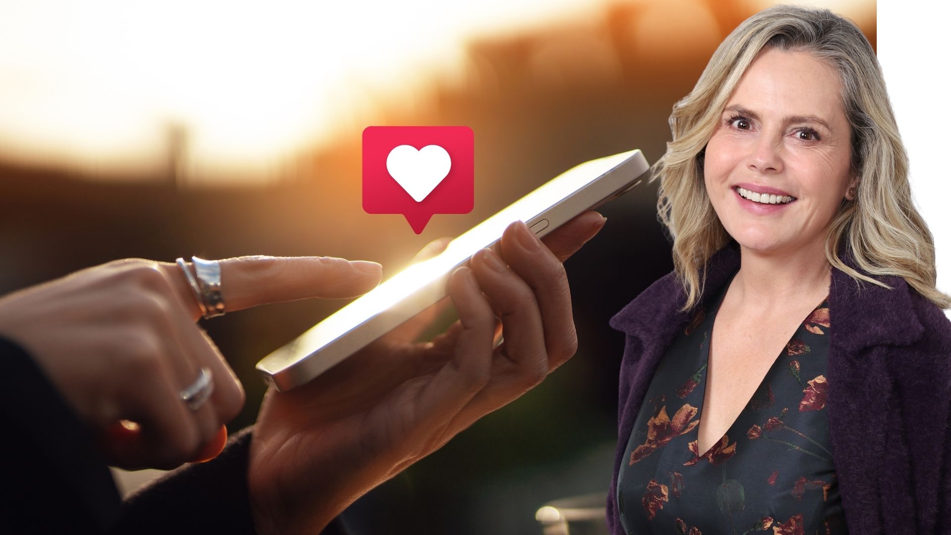 A comp image of someone using a dating app with an insert of Liz Earle (R)