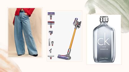 compilation image on a beige background showing John Lewis sale items including wide leg jeans, dyson vacuum and a bottle of CK one perfume