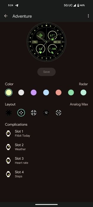 Pixel Watch 2 watch face on the Pixel Watch app