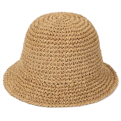 Rulala Fancy Womens Sun Hat Handmade Straw Bucket Uv Protection Wide Brim Packable Travel Summer Cap for Beach Upf 50+(khaki)