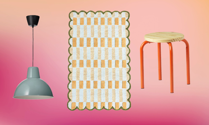A pink gradient background with cut outs of a pendant lamp, a scalloped rug, and a stool