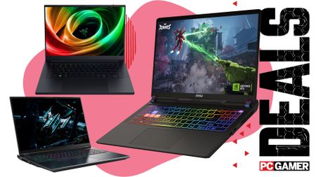 Three gaming laptops arranged on a pink and white background with "deals" text running down the right hand side, and the PC Gamer logo in the bottom right