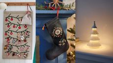 A three-panel image showing the IKEA Holiday collection: A Vinetfint Advent Calendar; a Vinterfint Black Christmas Stocking; and a STRÅLA LED Decorative Table Lamp