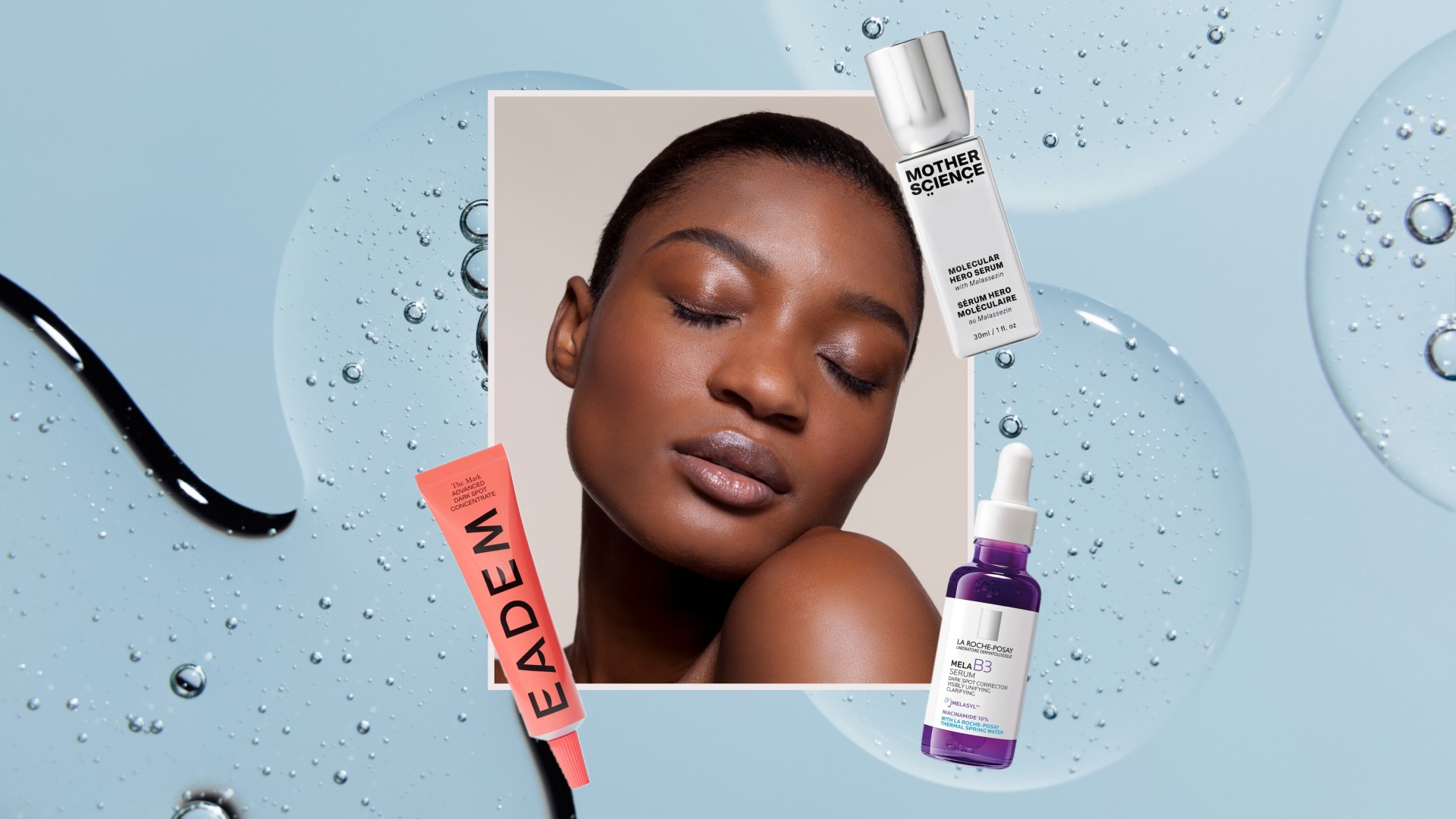 an edit of a black woman with smooth skin next to three skincare product bottles