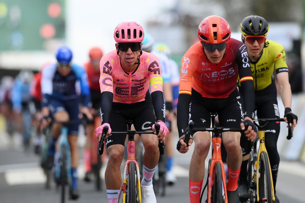 LES MUREAUX FRANCE MARCH 03 Rigoberto Uran of Colombia and Team EF Education EasyPost crosses the finish line during the 82nd Paris Nice 2024 Stage 1 a 1577km stage from Les Mureaux to Les Mureaux UCIWT on March 03 2024 in Les Mureaux France Photo by Alex BroadwayGetty Images