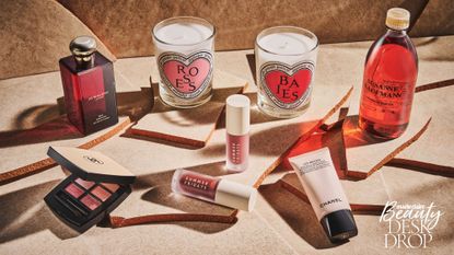 The best new beauty products of January 2024, including Diptyque valentine's candles, jo malone red hibiscus perfume, chanel eyeshadow, summer fridays lip oil and susanne kaufmann bath soak