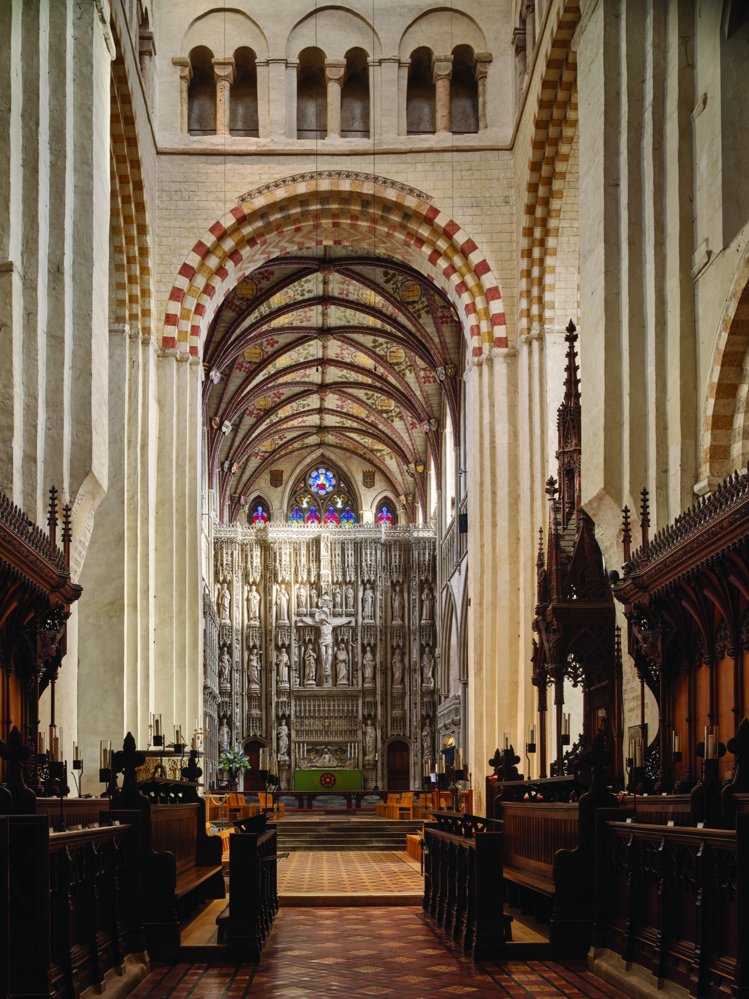 The interior vault of St Albans Cathedral, looking to the nave.