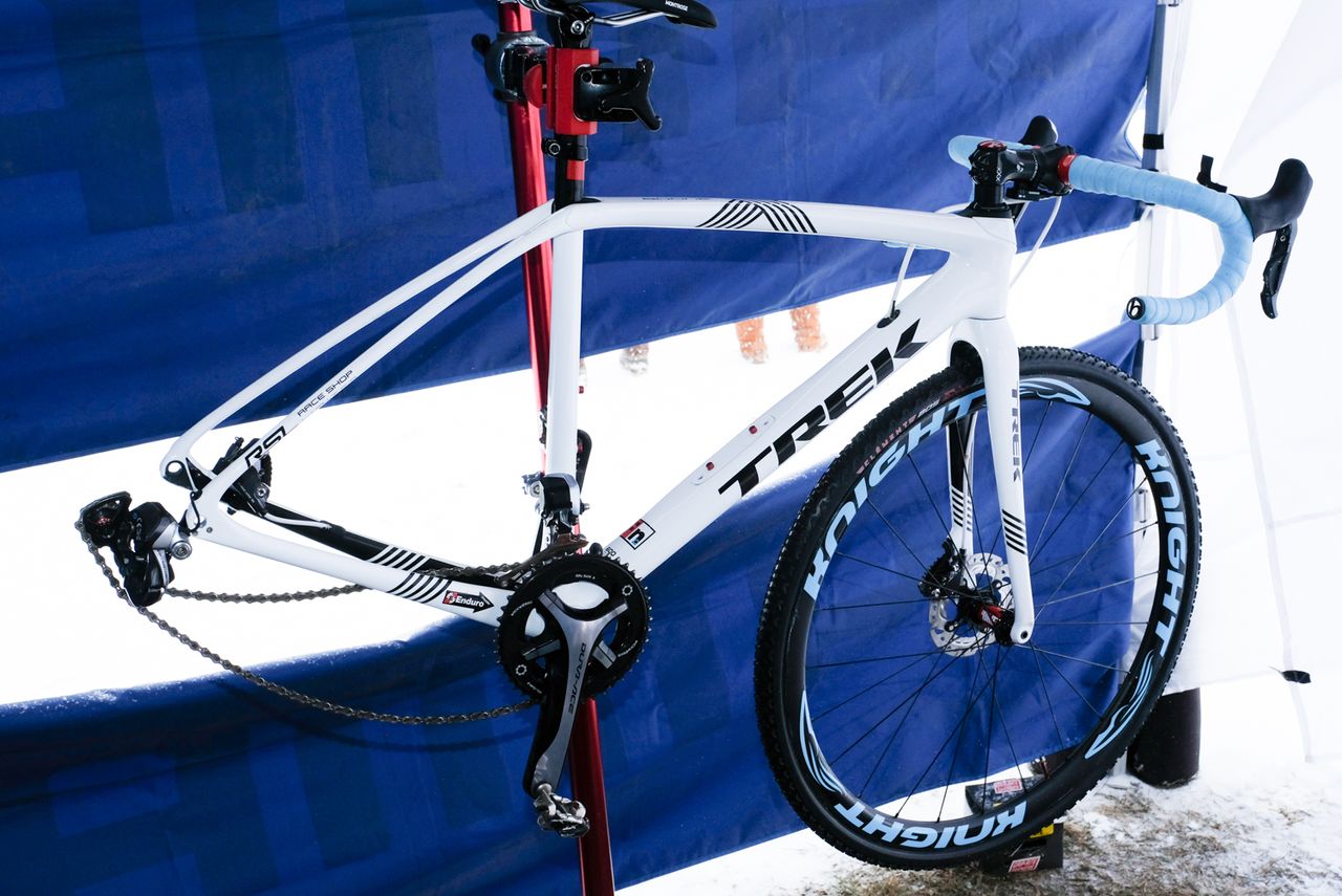 Compton's Trek Boone awaits the rear wheel choice