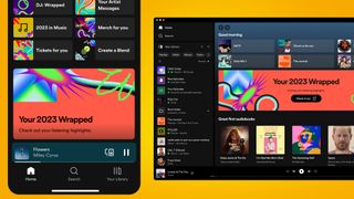 A phone and desktop computer showing the Spotify Wrapped 2023 card and banner