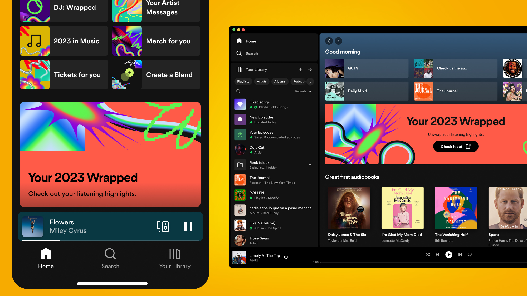 تلفن و رایانه رومیزی که کارت و بنر Spotify Wrapped 2023 را نشان می دهد