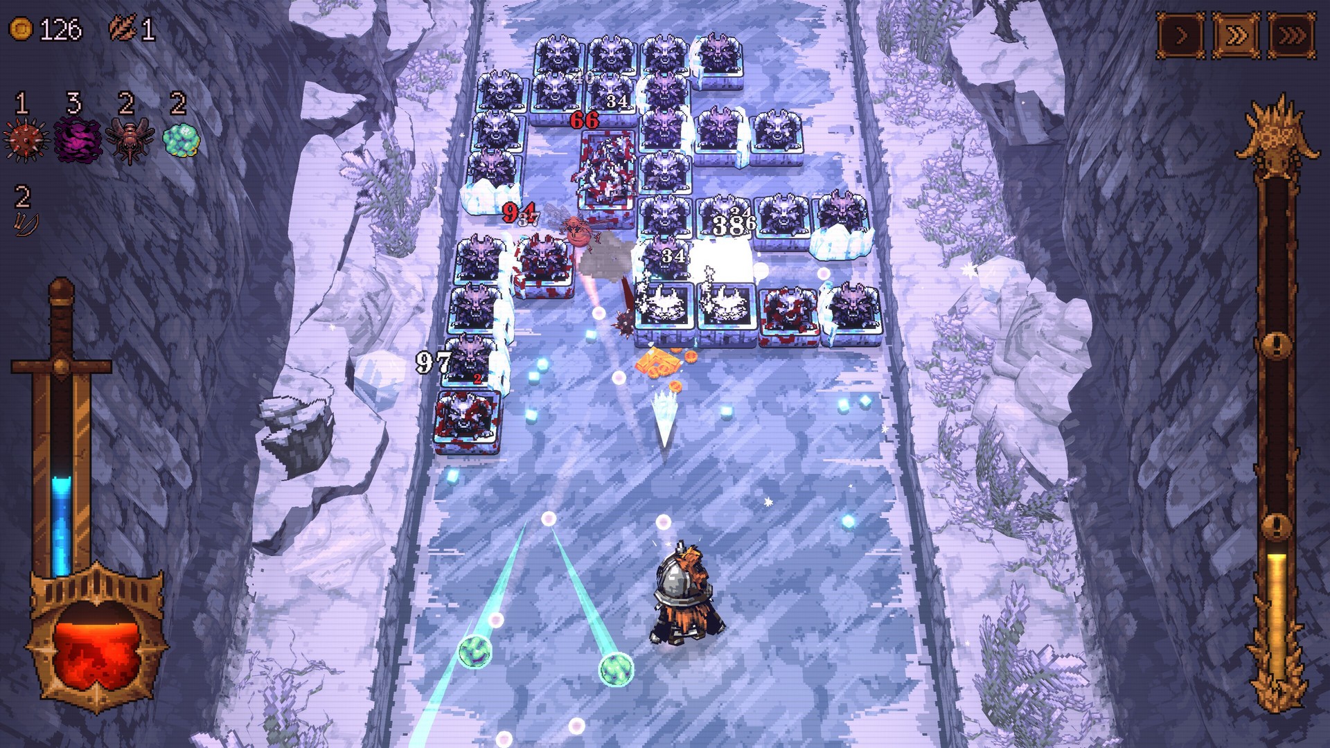 Shooting ice block enemies in a frozen stage in Ball X Pit