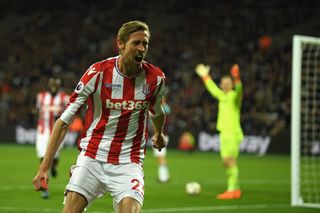 Peter Crouch celebrates a goal for Stoke City against West Ham in April 2018.