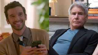 From left to right: Michael Urie smiling and holding his phone with both hands and Harrison Ford leaning against a couch.