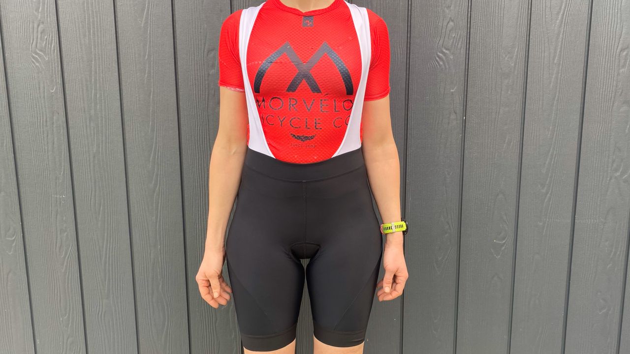 Female cyclist wearing the Rapha Women&#039;s Core Bib Shorts