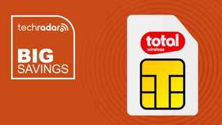 Total Wireless branded sim card on orange background with big savings text overlay