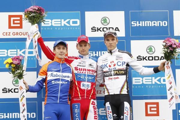 The elite men's podium in Tabor (L-r): Lars van der Haar, Kevin Pauwels and Niels Albert