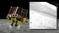 (Main) An illustration of the SLIM lunar lander approaching the moon (inset) An image of the lunar surface captured by the lander on April 23, 2024