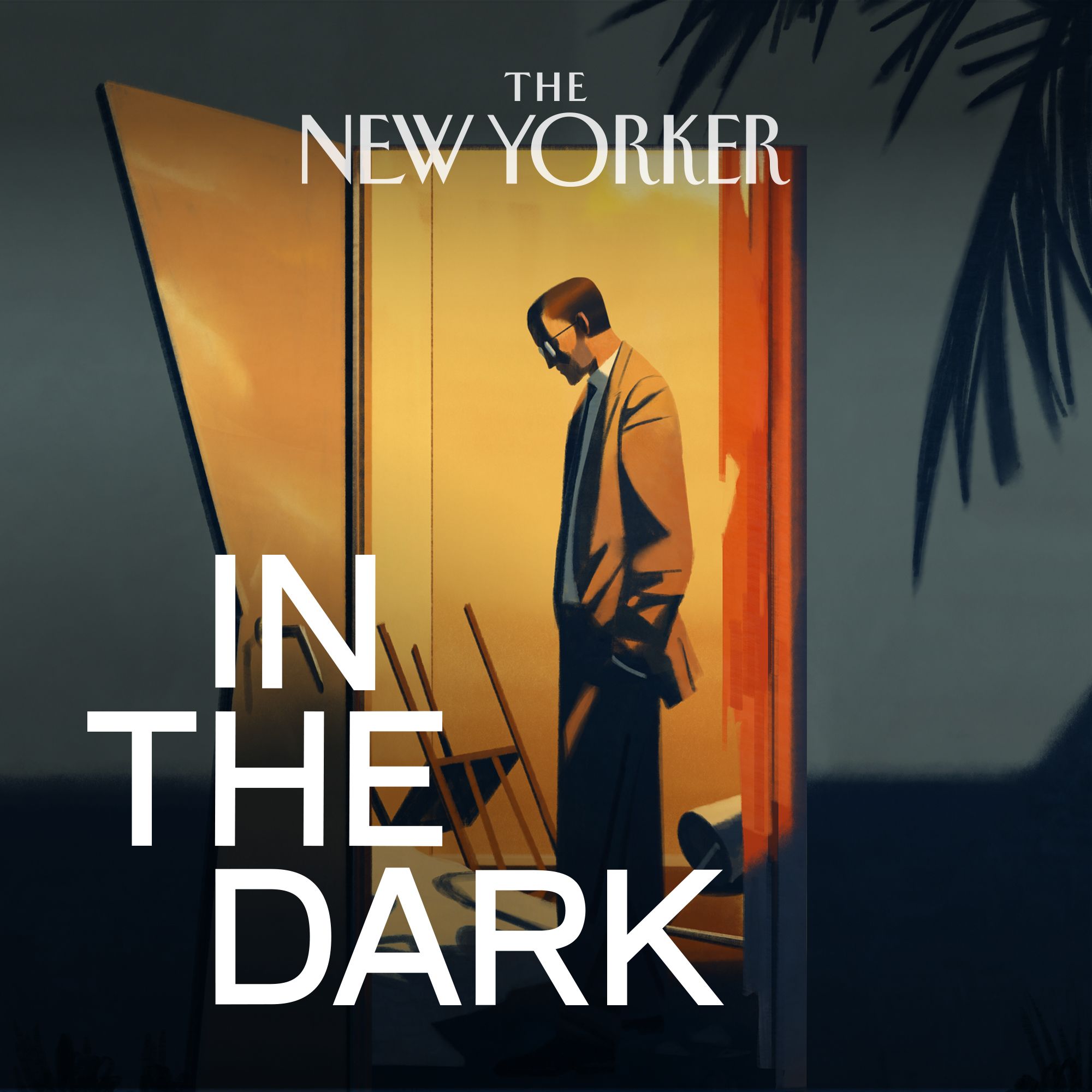 an illustration of a man in a suit looking down a staircase as a chair falls down it in the cover image for the podcast in the dark