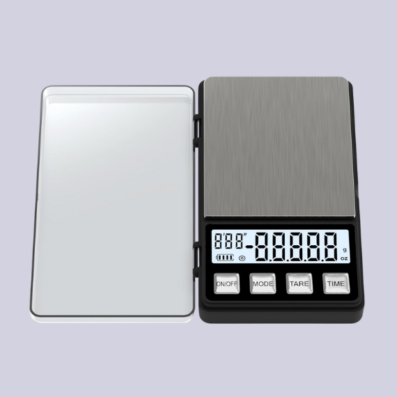 A black and chrome digital scale on a lilac background.