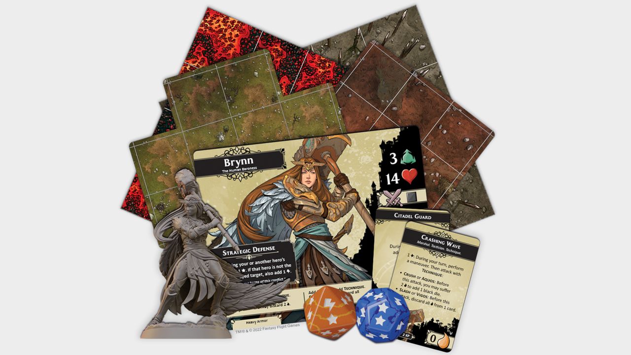 The components, miniatures, cards, and artwork from Descent Act II: The Betrayer's War on a plain background