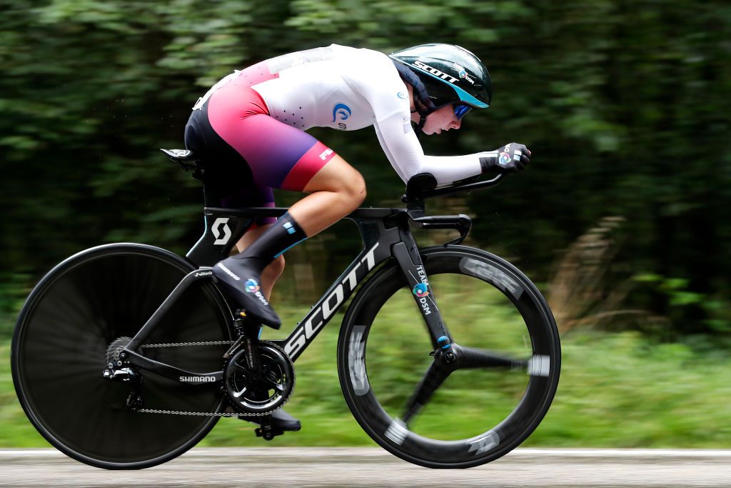 GENNEP NETHERLANDS AUGUST 26 Lorena Wiebes of Netherlands and Team DSM White Best Young Rider Jersey during the 23rd Simac Ladies Tour 2021 Stage 2 a 222km Individual Time Trial stage from Gennep to Gennep SLT2021 UCIWWT on August 26 2021 in Gennep Netherlands Photo by Bas CzerwinskiGetty Images