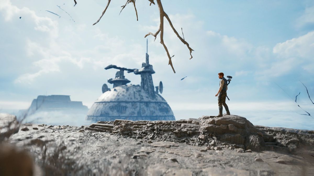 A cinematic Star Wars Jedi Survivor screenshot captured on PS5 which shows how vast and expansive the worlds are to explore