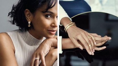 Woman wearing diamond jewellery and a hand with diamond rings and bracelets