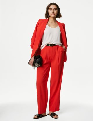 Crepe Pleat Front Straight Leg Trousers