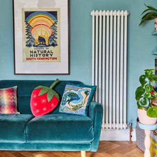 Light blue painted panelled wall, tall radiator, blue velvet sofa with decorative cushions, wall art