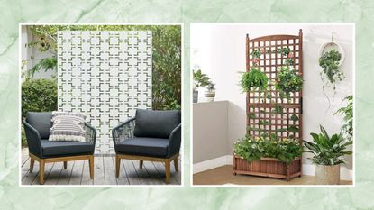 Walmart backyard furniture buys including two types of privacy screens, one in a backyard with two chairs, another on a balcony surrounded by plants