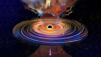 A large black hole has a spinning disk around it. It also has a magnetic field represented as an orange cone on top and bottom of the black hole. A tiny black hole punches in and out through the disk as it orbits the larger one. Plum es from the large disk emerge when the tiny black hole travels. The plumes are especially strong in the magnetic fields