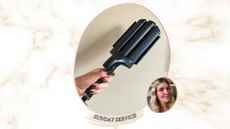 an image of beauty editor, Fiona McKim, with long wavy blonde hair, beside an image of a hand with dark nails holding the ghd wave hair waving tool against a beige backdrop