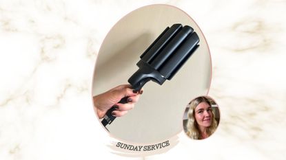 an image of beauty editor, Fiona McKim, with long wavy blonde hair, beside an image of a hand with dark nails holding the ghd wave hair waving tool against a beige backdrop