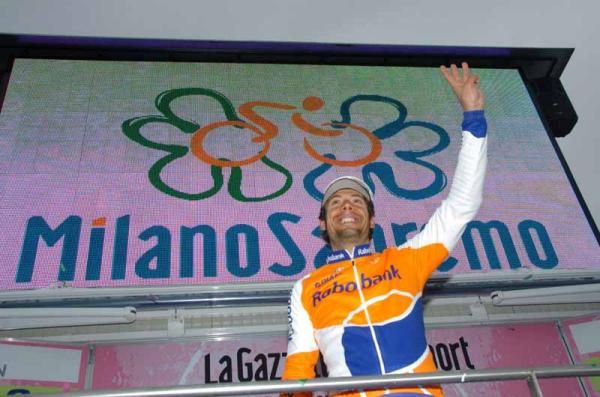 Three not out: The Spaniard was an expert at hiding in the pack and then sprinting to San Remo glory