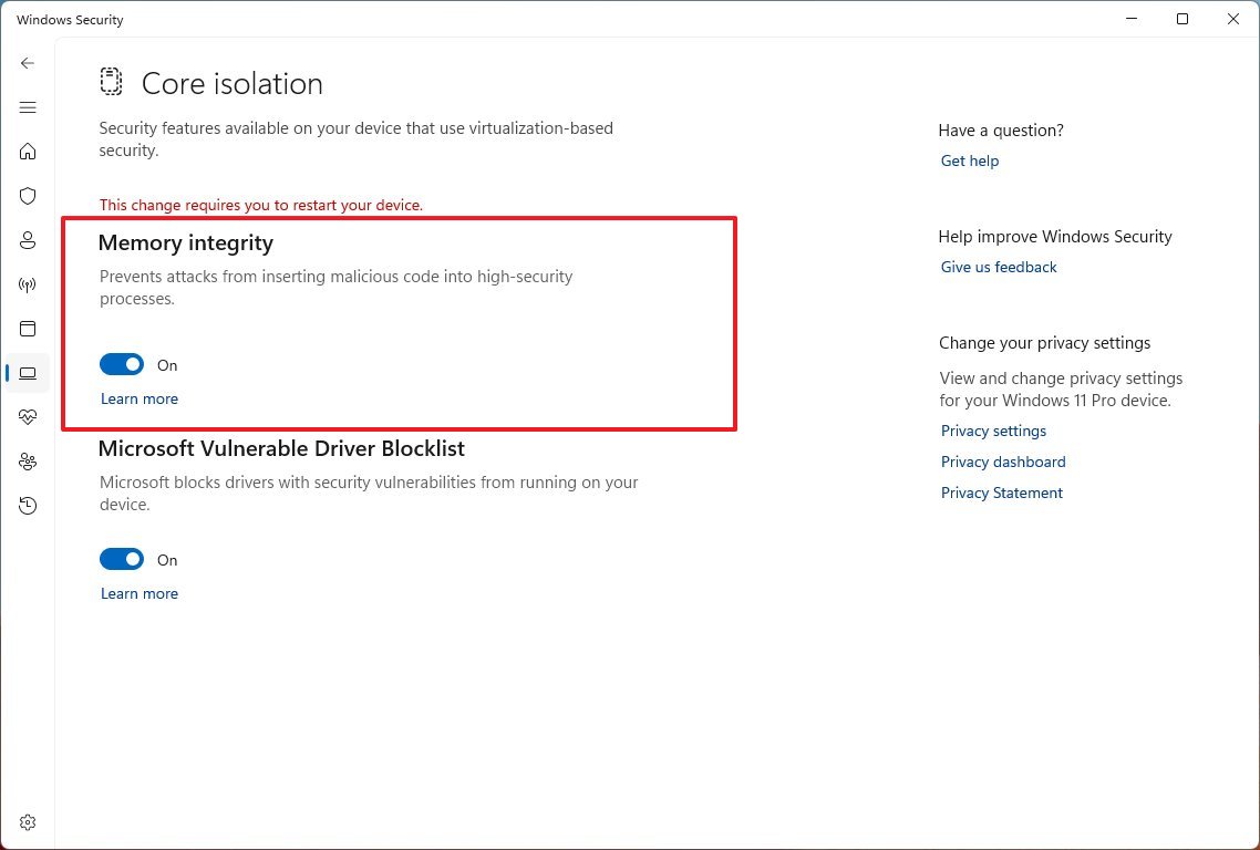 Переключатель Memory integrity в разделе Core isolation Windows Security