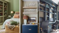 Three images of rooms with open shelving