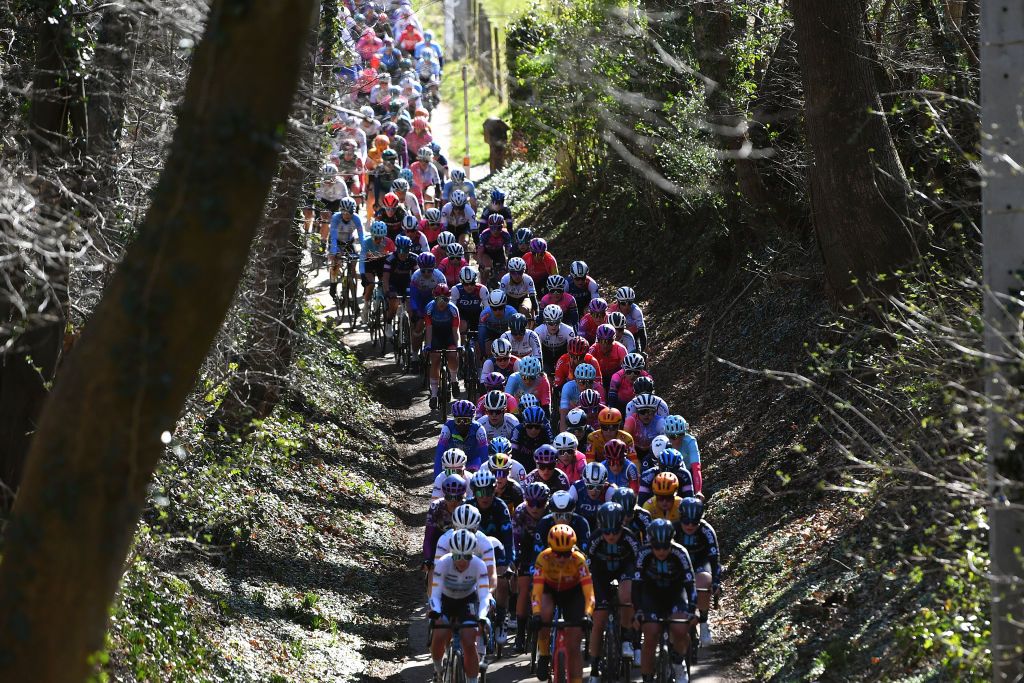 TIELTWINGE BELGIUM FEBRUARY 27 A general view of the peloton competing during the 17th Craywinckelhof Omloop van het Hageland 2022 a 1282km race from Tienen to TieltWinge OmloopHageland on February 27 2022 in TieltWinge Belgium Photo by Luc ClaessenGetty Images