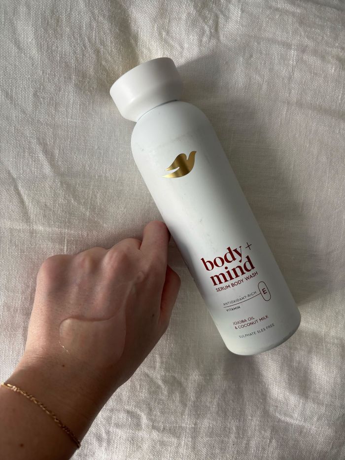 Deputy beauty editor Grace Lindsay testing the Dove Body + Mind Jojoba Oil &amp;amp; Coconut Milk Serum Body Wash