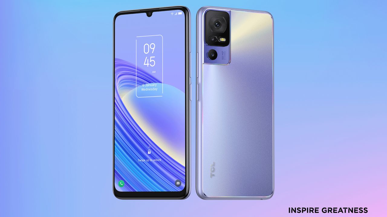 TCL 40SE front and back in Purple