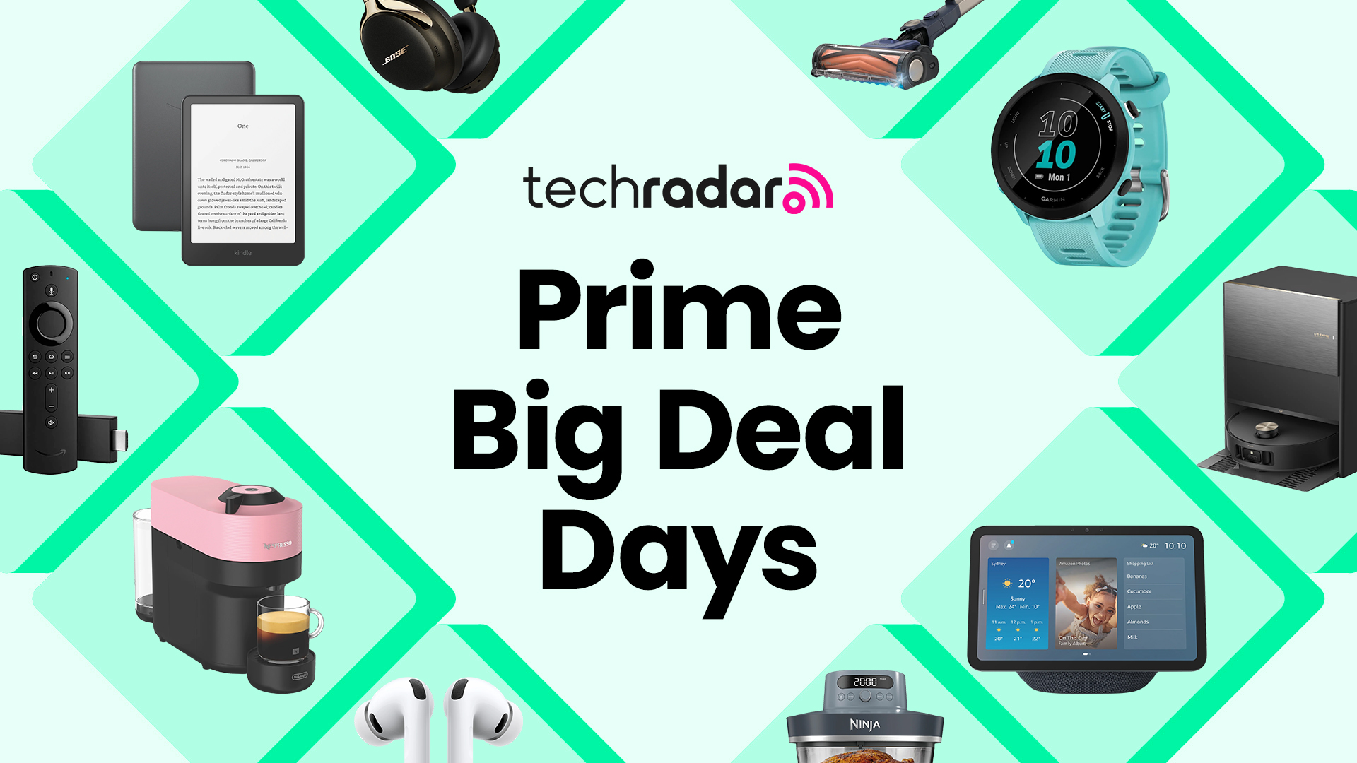 Popular electronics from Amazon, Dreame, Garmin, SharkNinja and more arranged in a diamond grid around the words Prime Big Deal Days on a green background