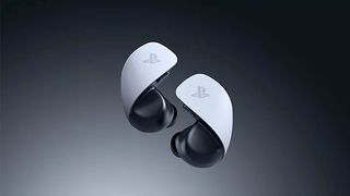 The PlayStation Portal earbuds on grey backgrounds