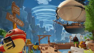 Ocean creatures and a flying ship drift around a dock.